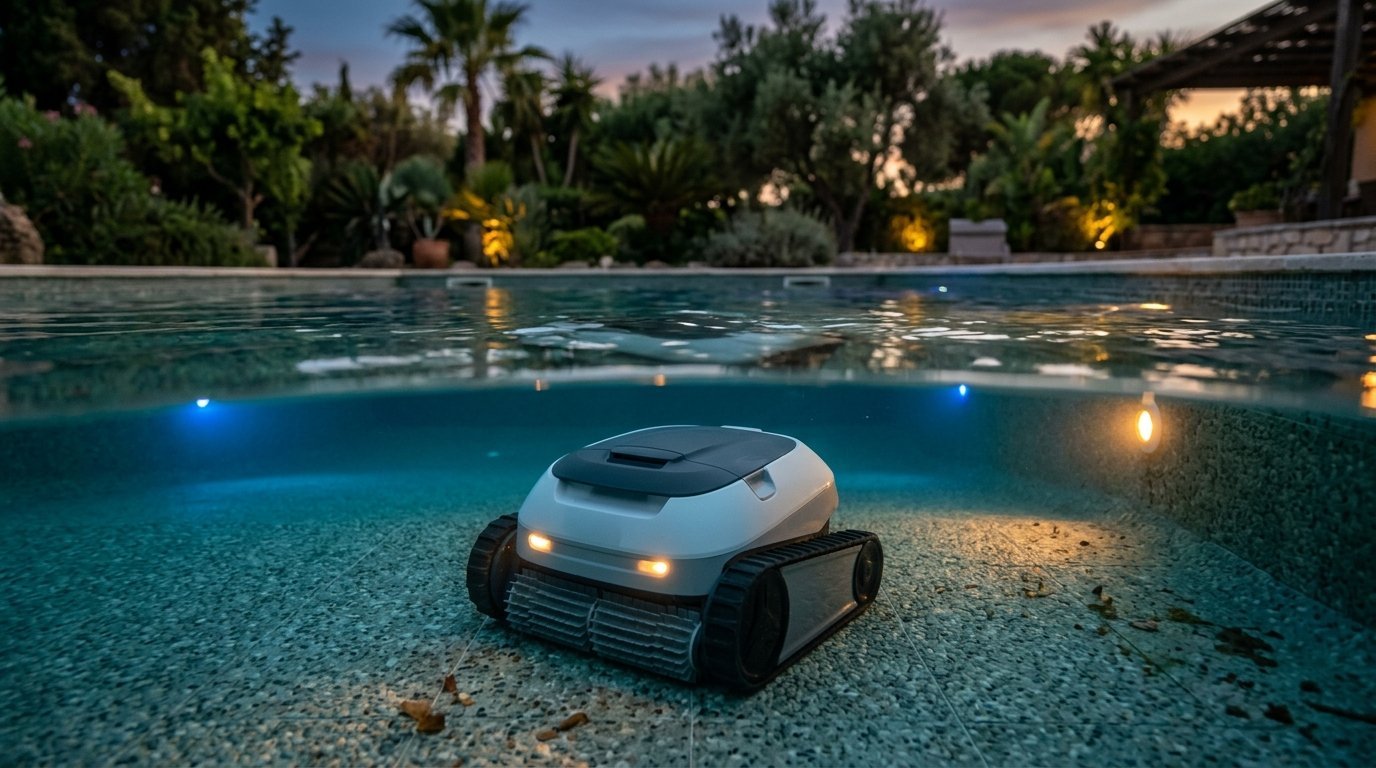 AI-generated photo-style image of a pool robot with glowing front lights cleaning an in-ground pool at dusk
