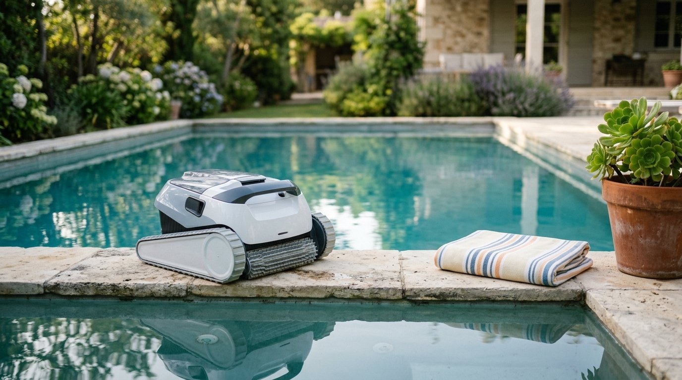 AI-generated photo-style image of a compact robotic pool cleaner beside a small backyard pool