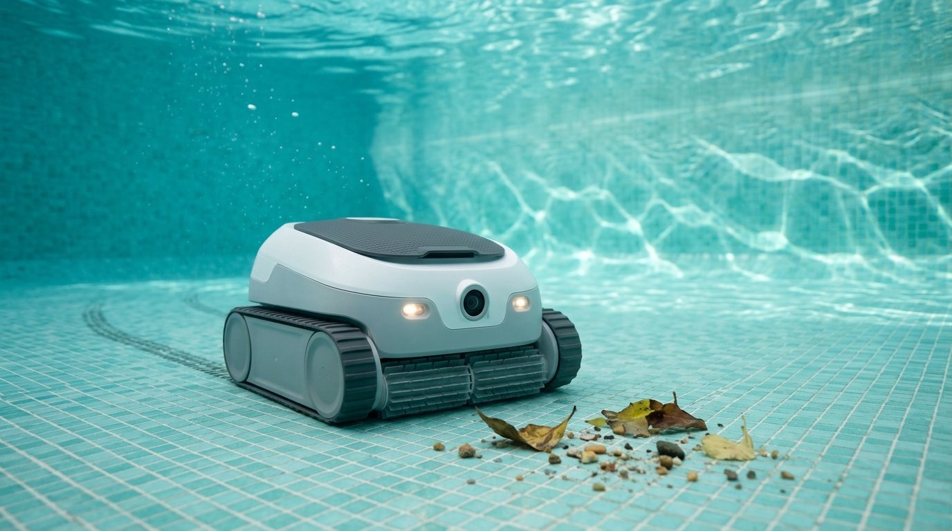 AI-generated photo-style image of a pool robot with a front camera scanning the pool floor for debris