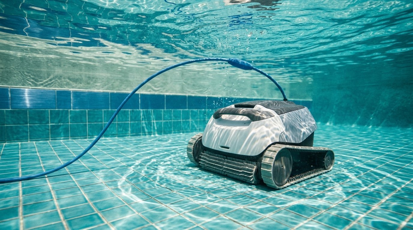 AI-generated photo-style image of a corded pool robot cleaning the floor with its floating cable rising to the surface