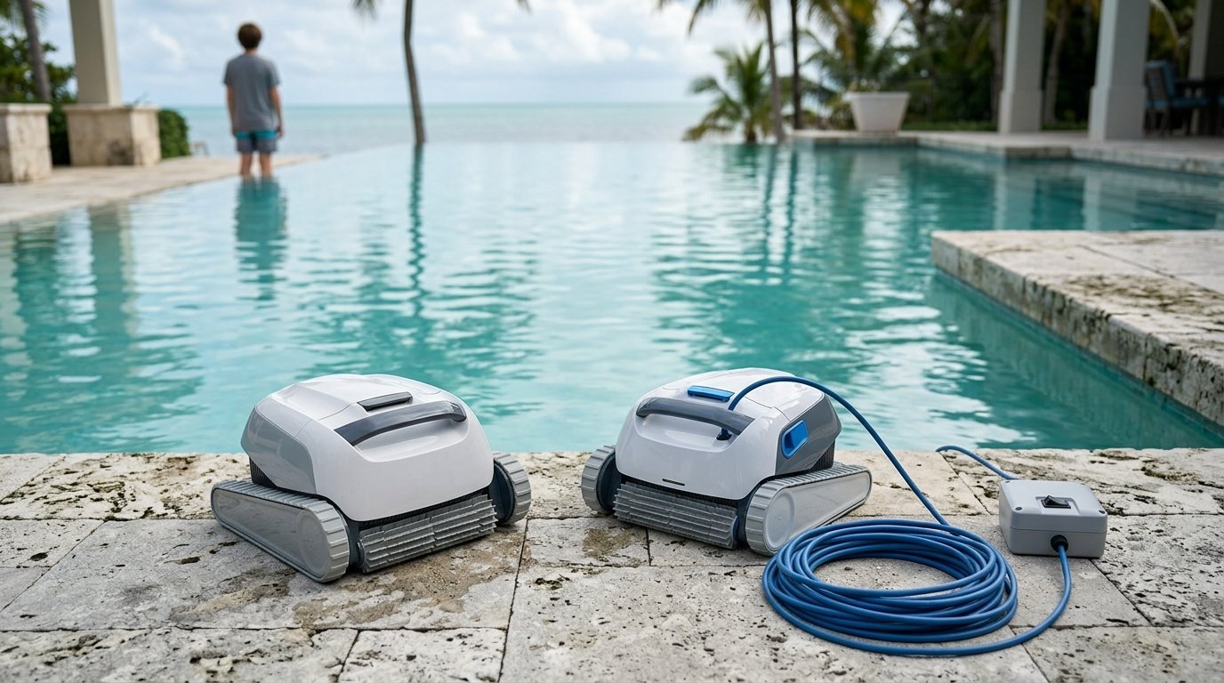 AI-generated photo-style image of a cordless pool robot next to a corded pool robot with its floating cable