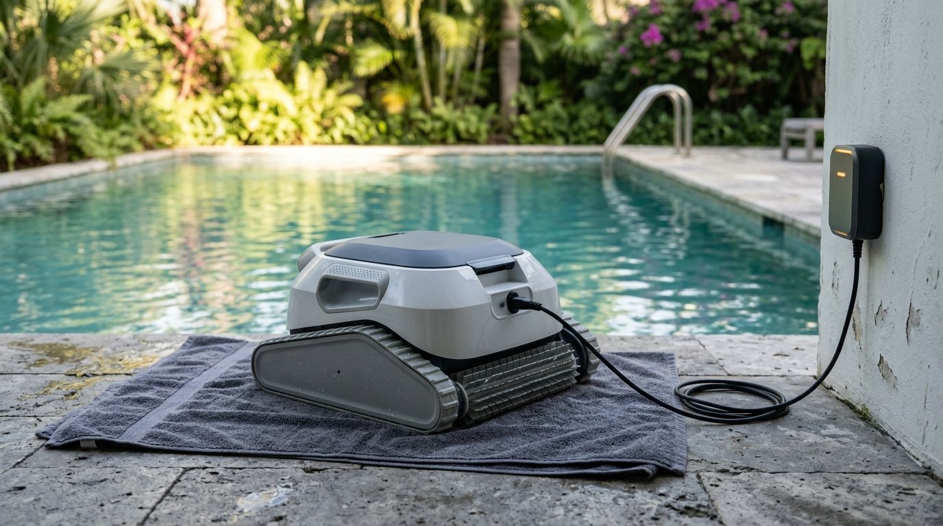 AI-generated photo-style image of a cordless pool robot connected to its charger on a pool deck