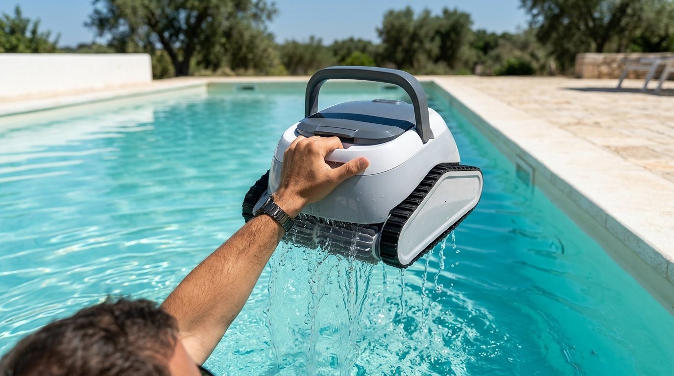 AI-generated photo-style image of a person lifting a cordless pool robot out of the pool by its handle