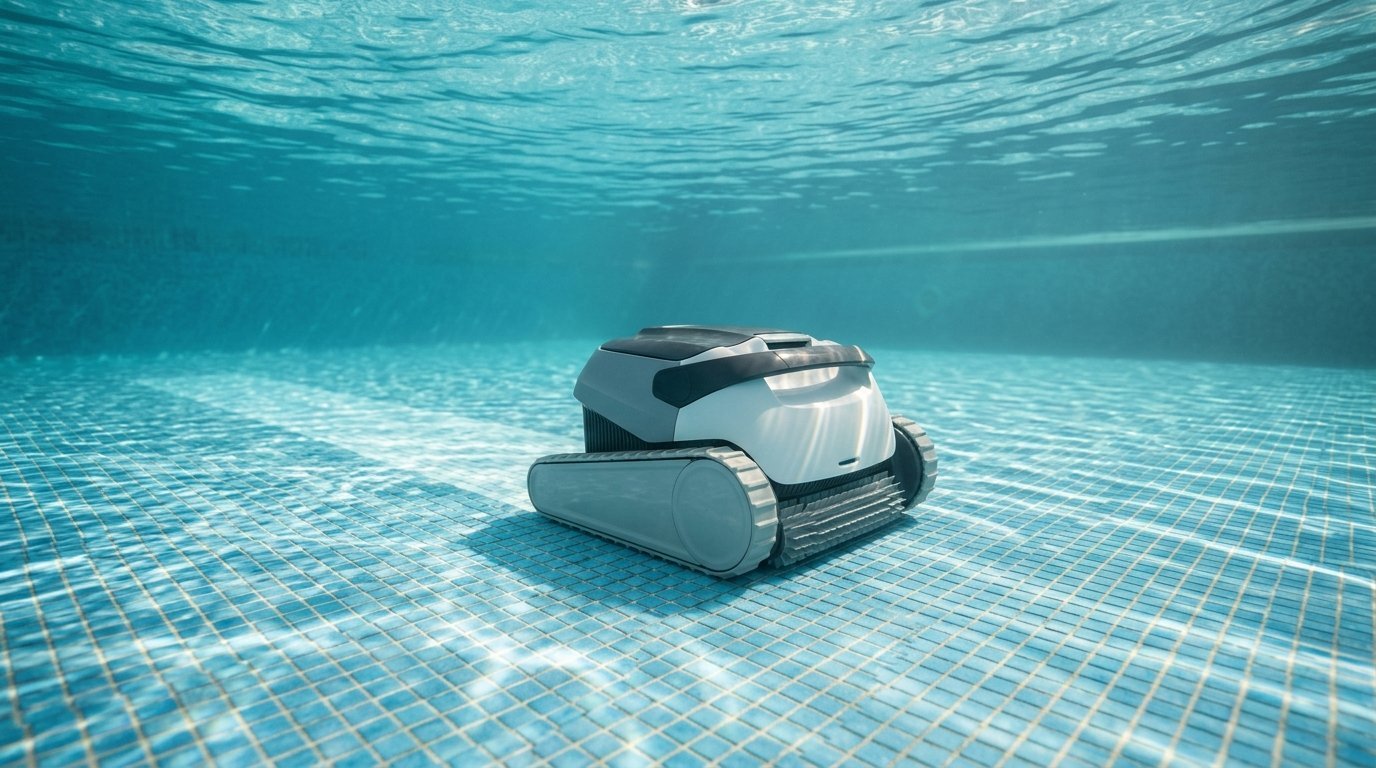 AI-generated photo-style image of a cordless robotic pool cleaner cleaning the floor of a sunny in-ground pool