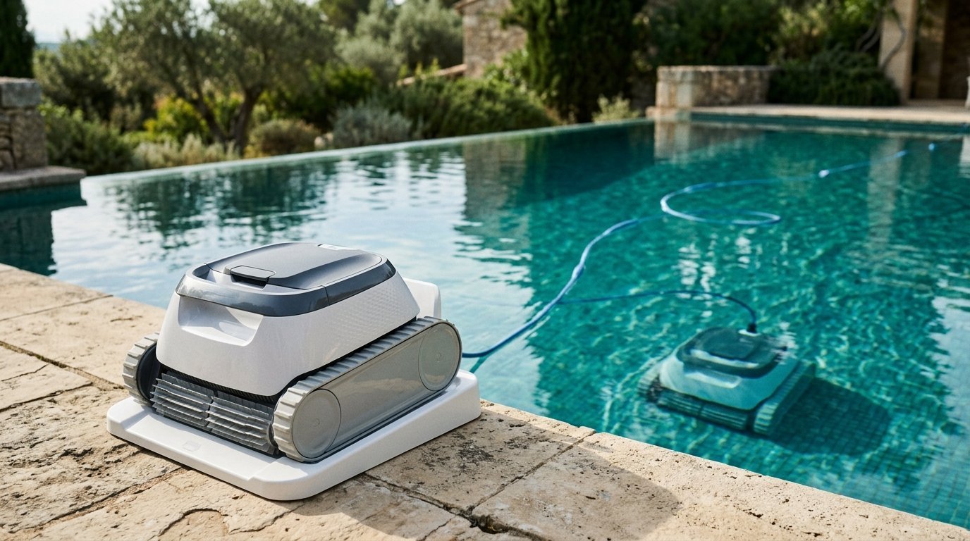 AI-generated photo-style image of a cordless pool robot on its charging dock with a corded robot and floating cable in the pool behind