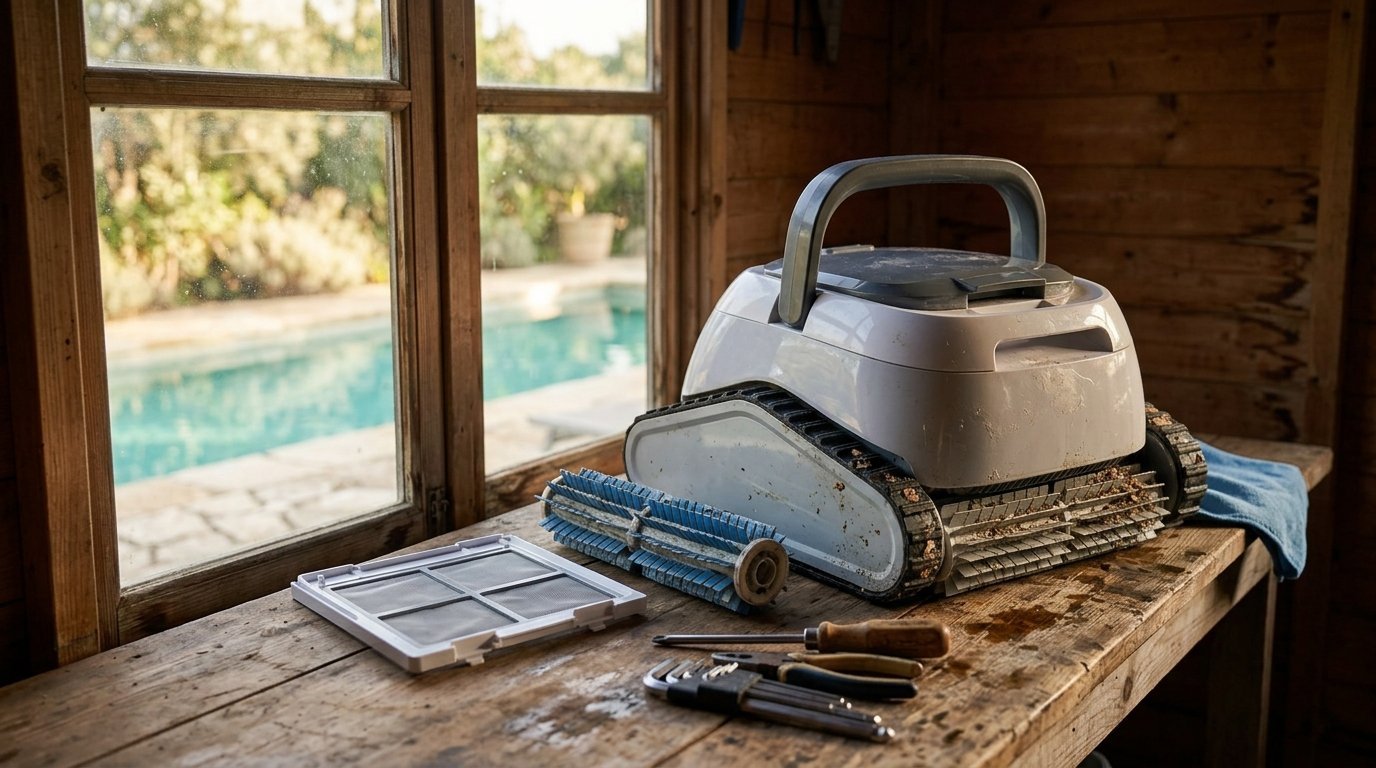 AI-generated photo-style image of a well-used pool robot on a workbench with spare brushes and a filter