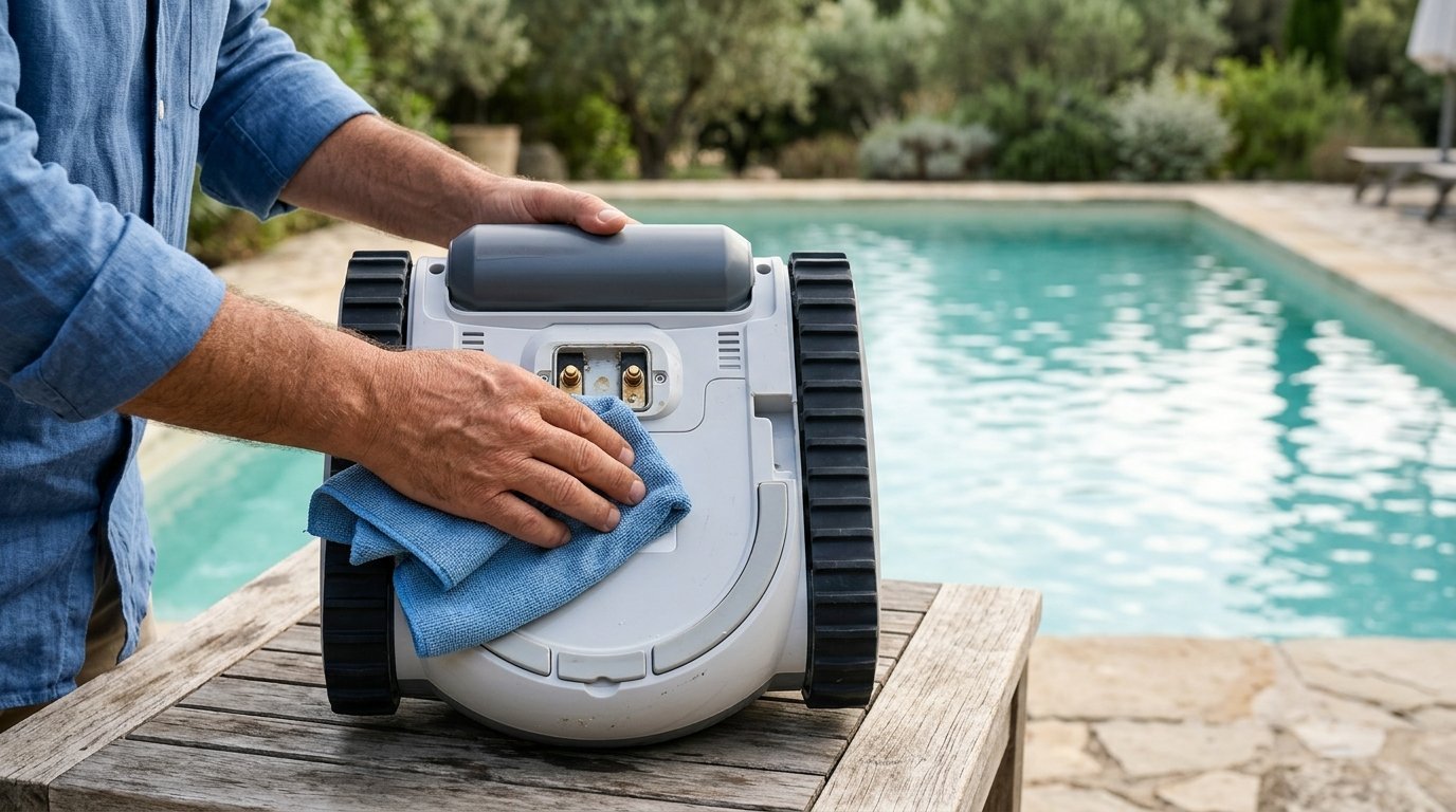 AI-generated photo-style image of hands cleaning the charging contacts of a pool robot with a dry cloth