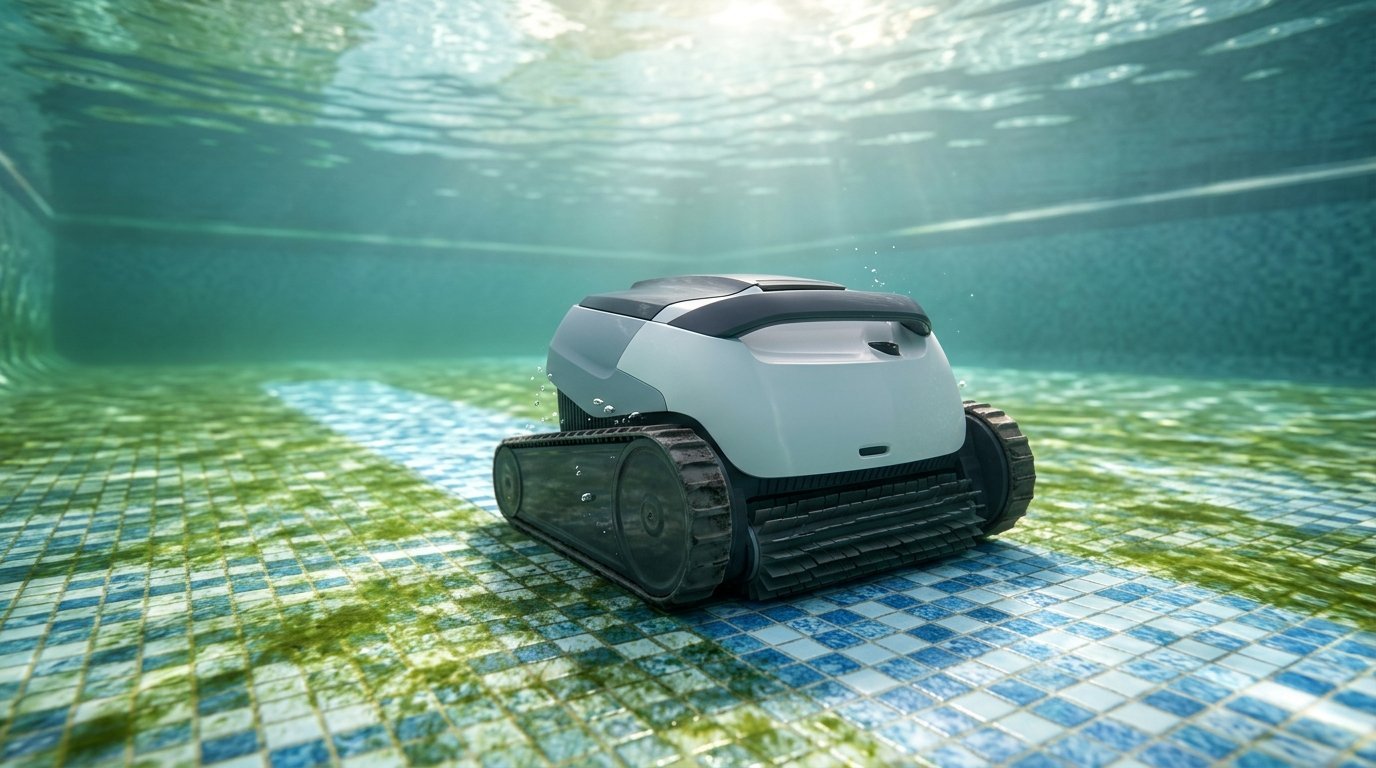 AI-generated photo-style image of a pool robot cleaning a pool floor with patches of green algae