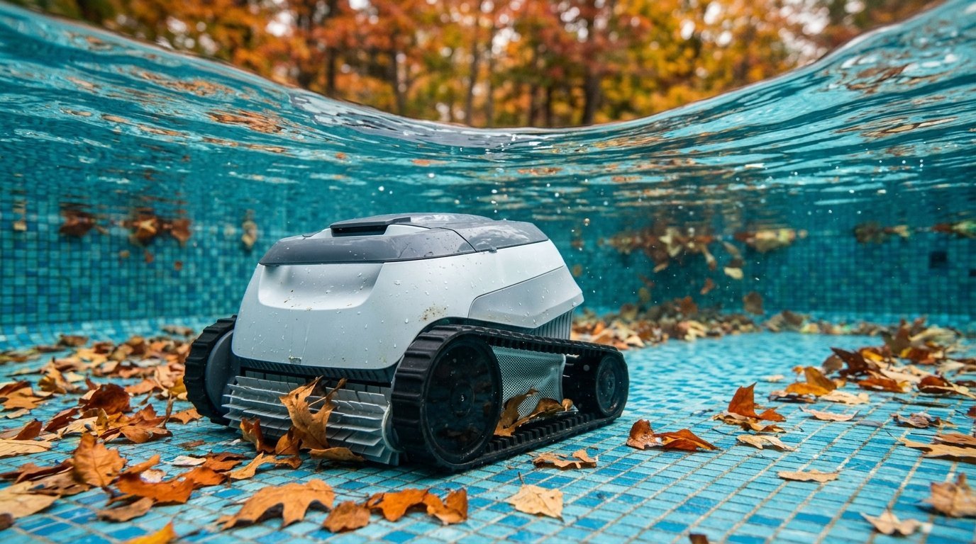 AI-generated photo-style image of a pool robot collecting fallen leaves from the pool floor in autumn