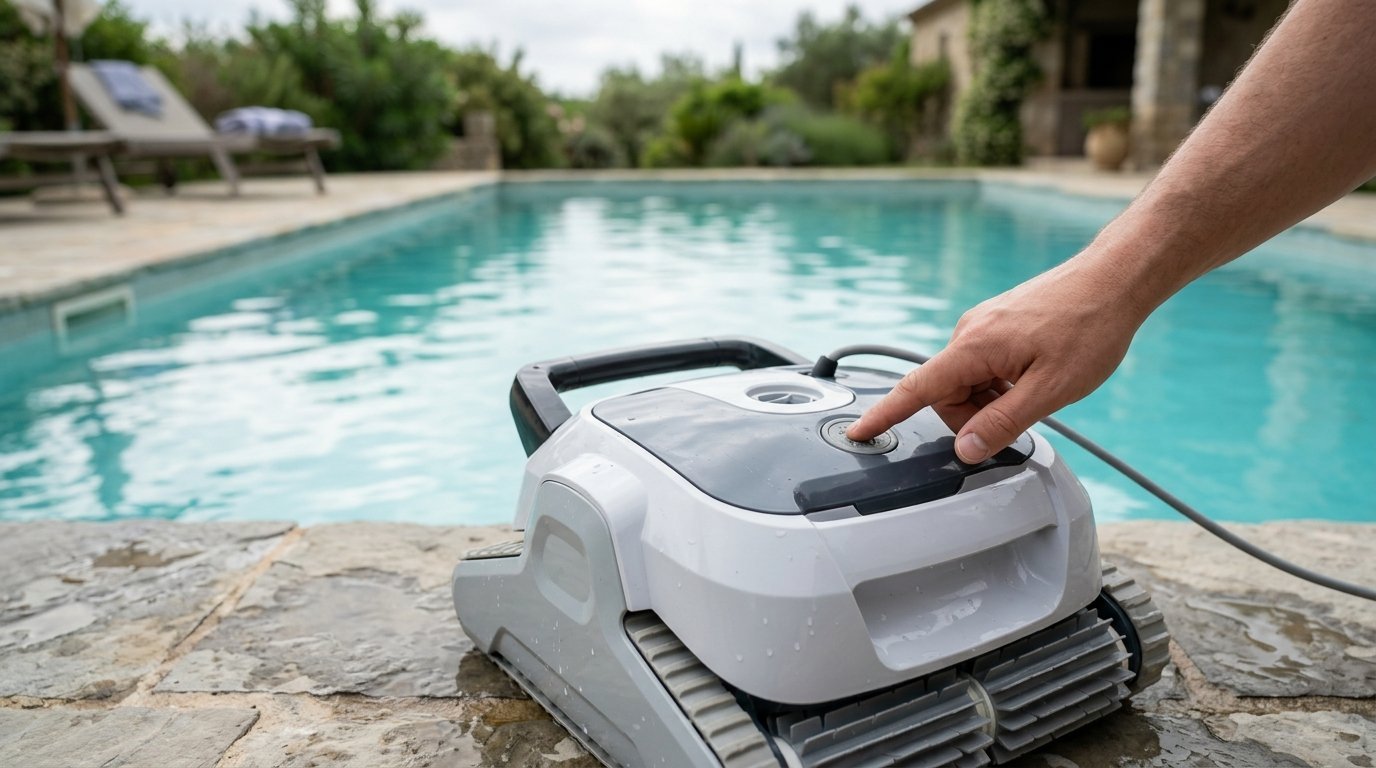 AI-generated photo-style image of close-up of a hand pressing the power button on a pool robot