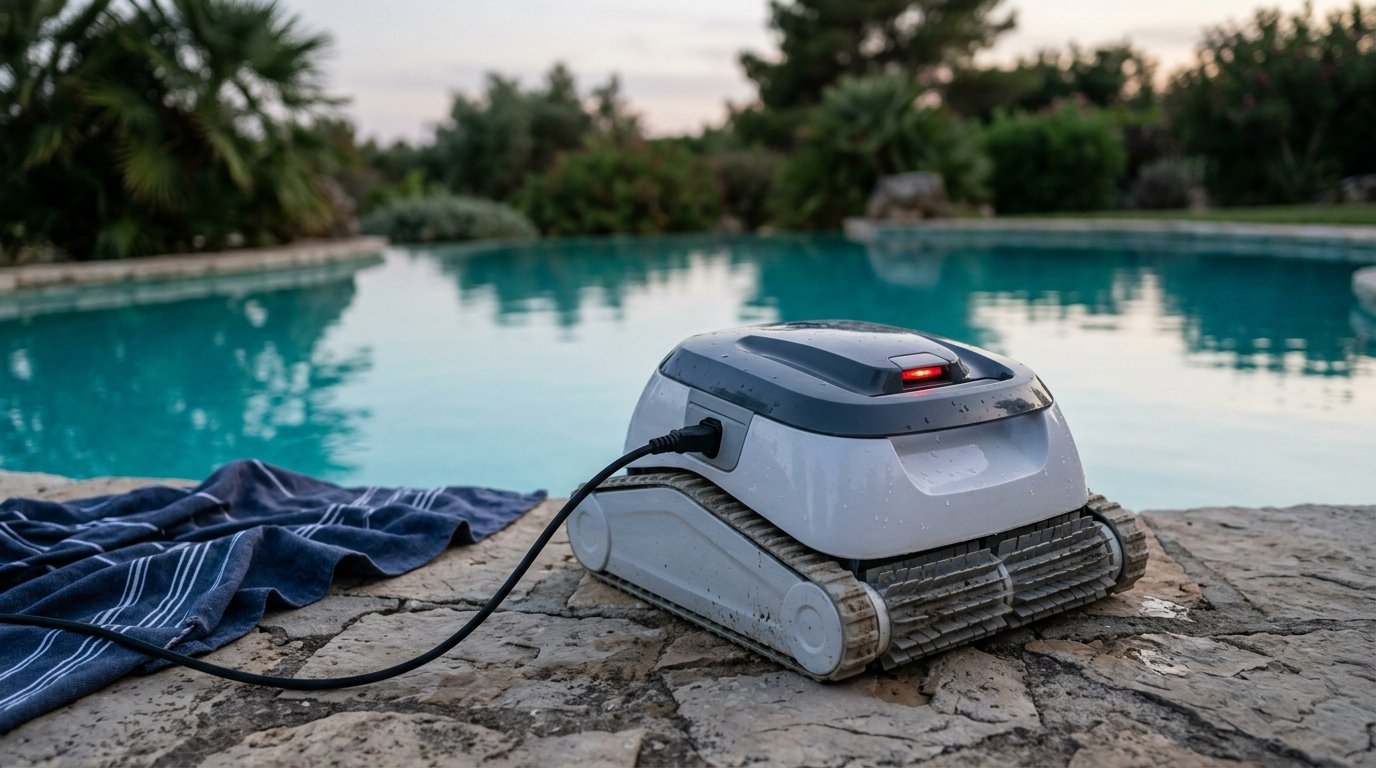 AI-generated photo-style image of a pool robot on a pool deck with a glowing red status light while charging