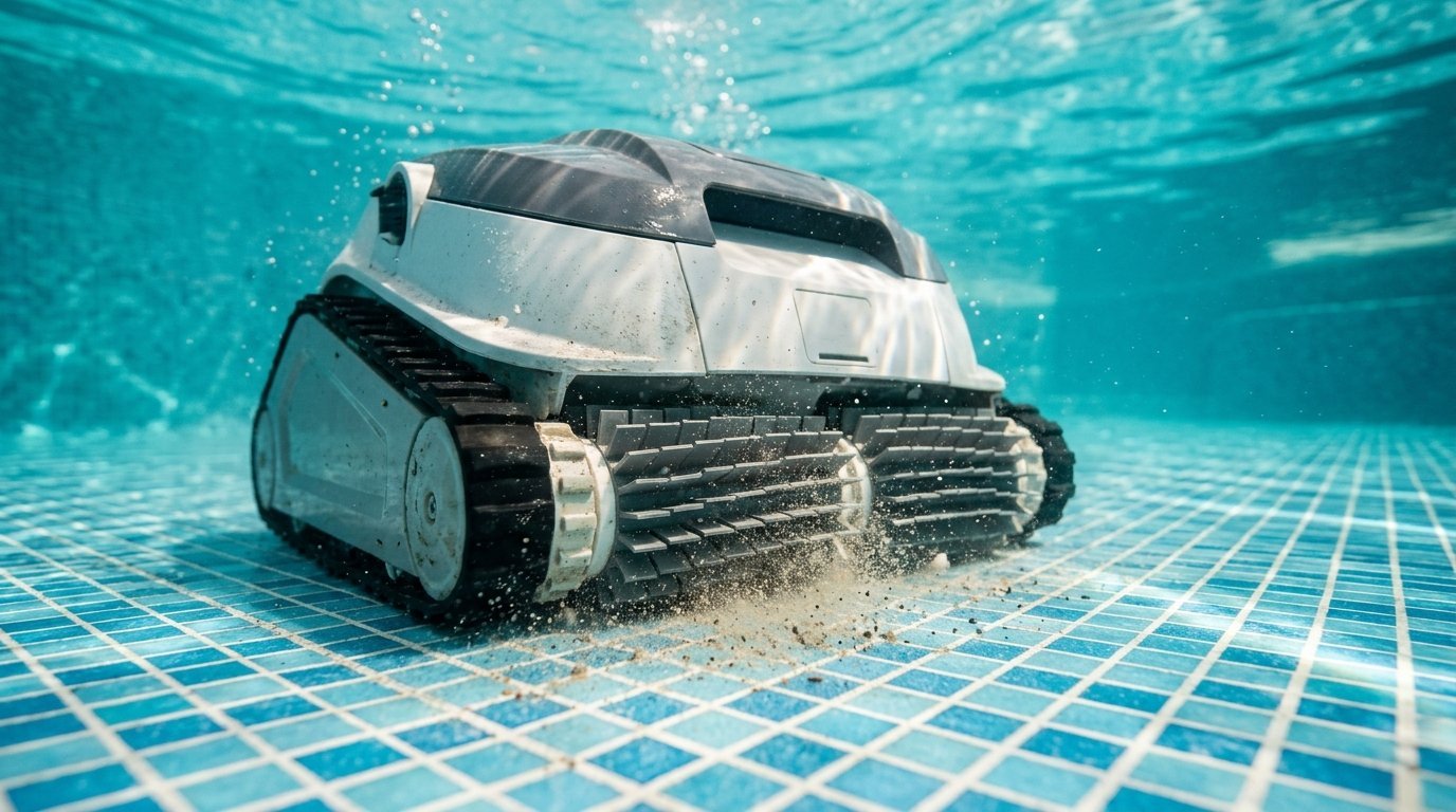 AI-generated photo-style image of a pool robot with roller brushes scrubbing a pool floor