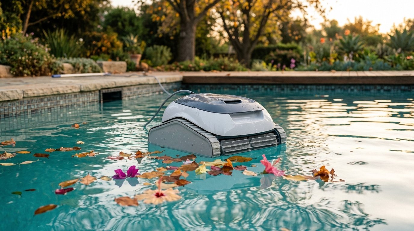 AI-generated photo-style image of a pool robot floating at the water surface collecting fallen leaves