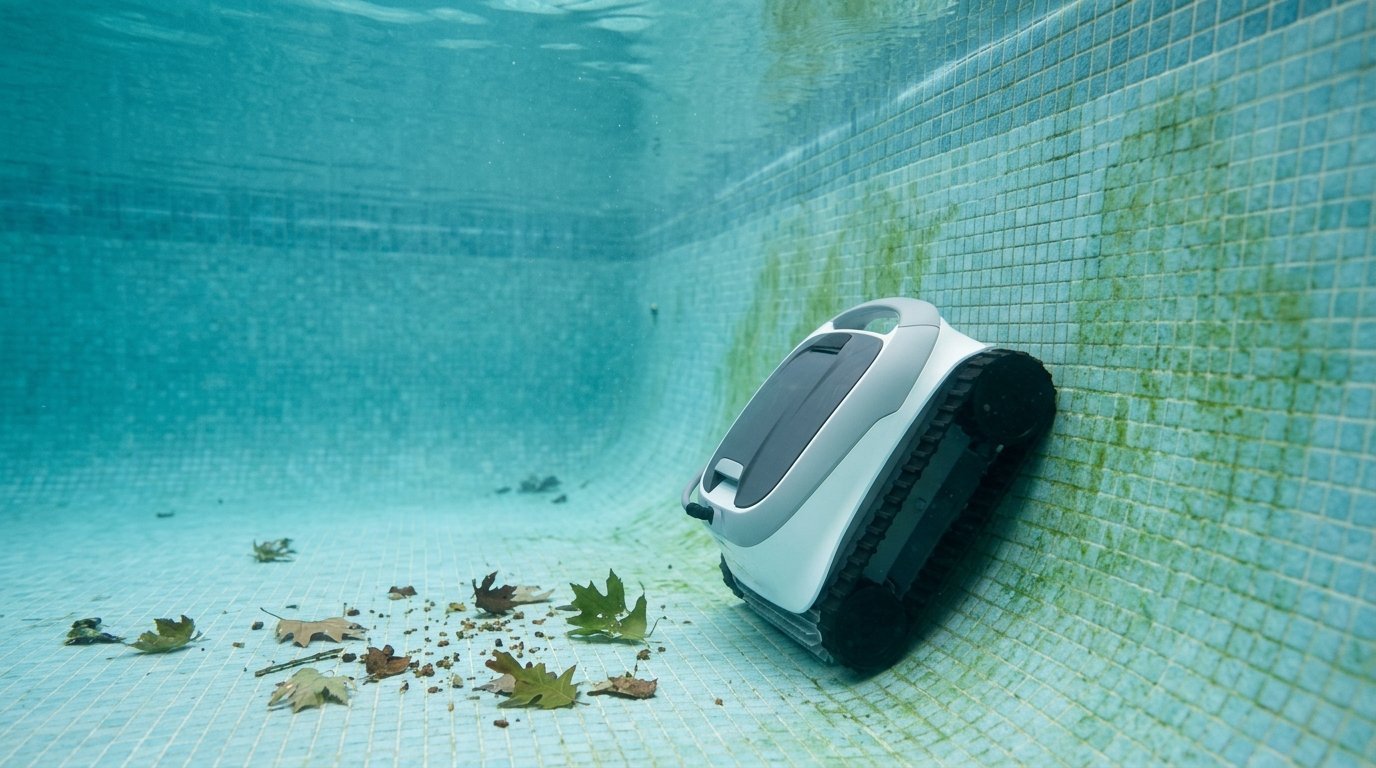 AI-generated photo-style image of a pool robot slipping on an algae-covered pool wall