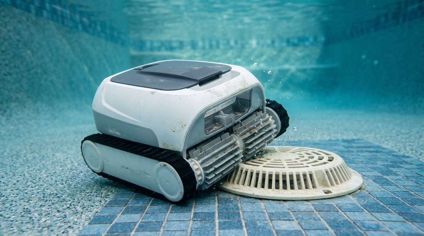 AI-generated photo-style image of a pool robot stuck beside the main drain on a pool floor