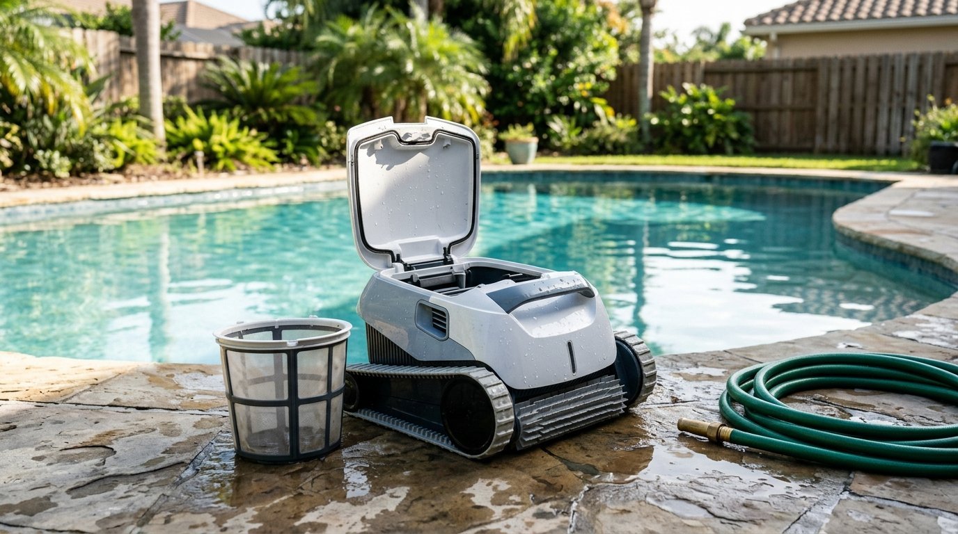 AI-generated photo-style image of a pool robot on the deck with its filter basket lifted out for cleaning