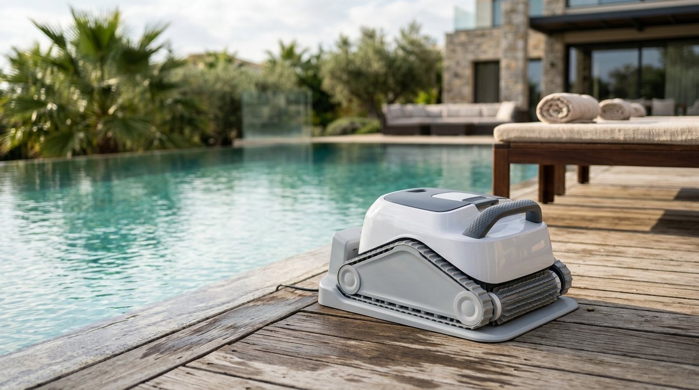 AI-generated photo-style image of a premium pool robot resting on a wireless charging dock beside a large pool