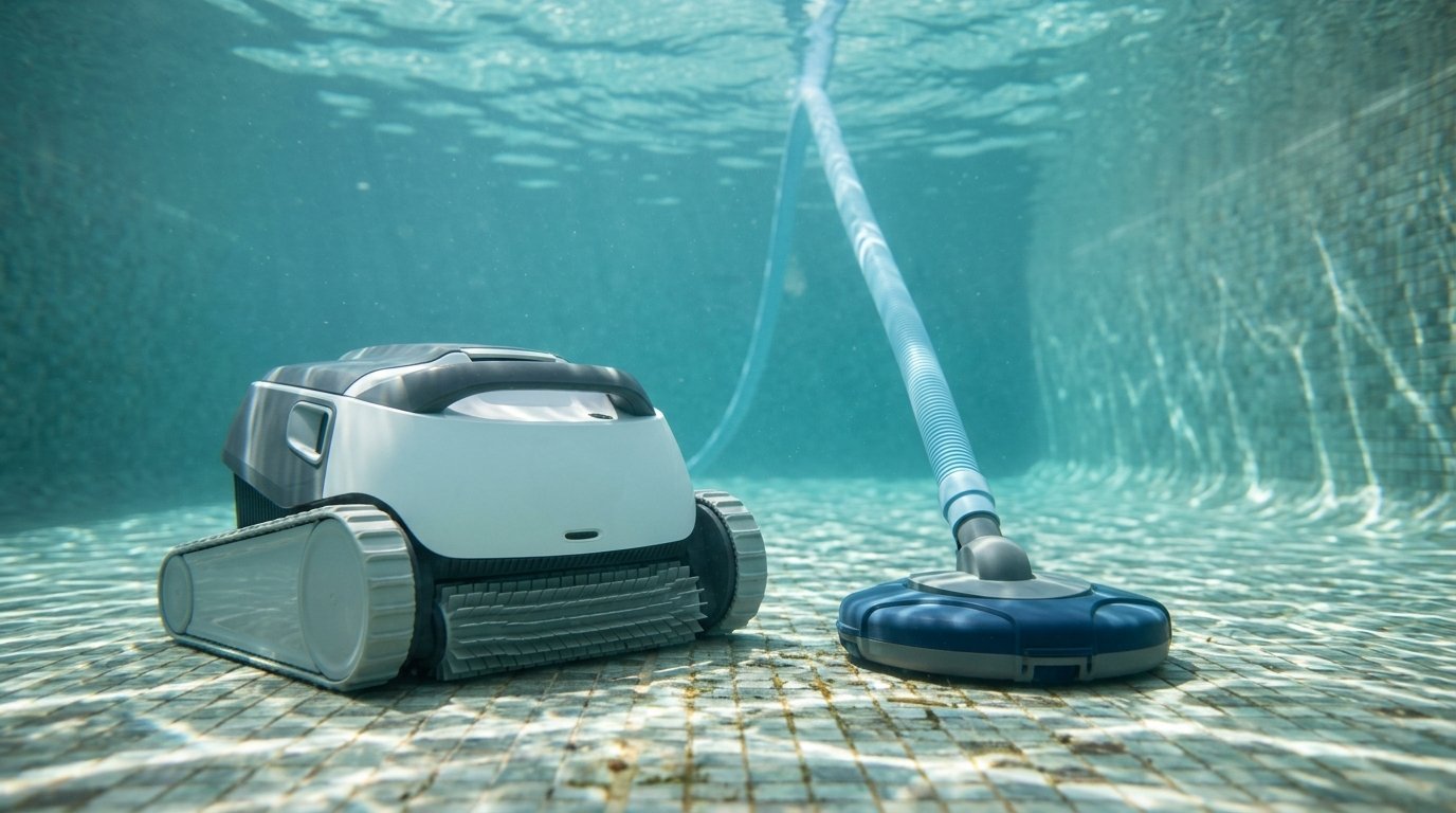 AI-generated photo-style image of a robotic pool cleaner beside a suction pool cleaner with its hose