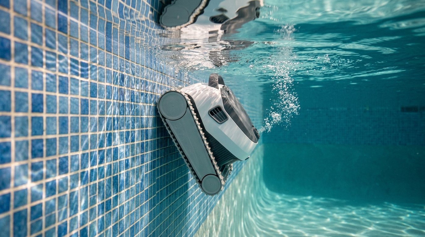 AI-generated photo-style image of a robotic pool cleaner climbing the tiled wall of an in-ground pool