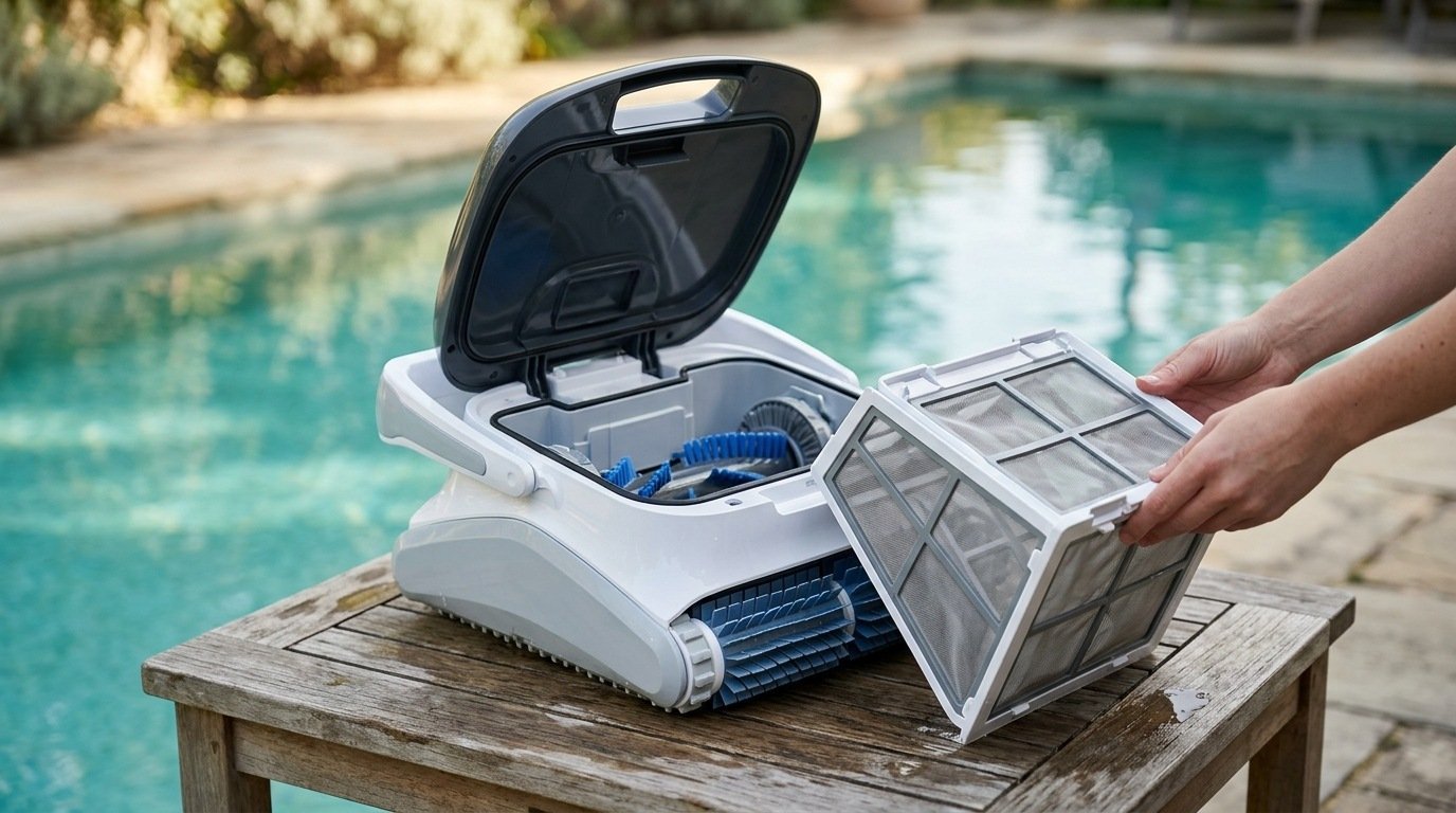 AI-generated photo-style image of a pool robot with its lid open and filter basket lifted out