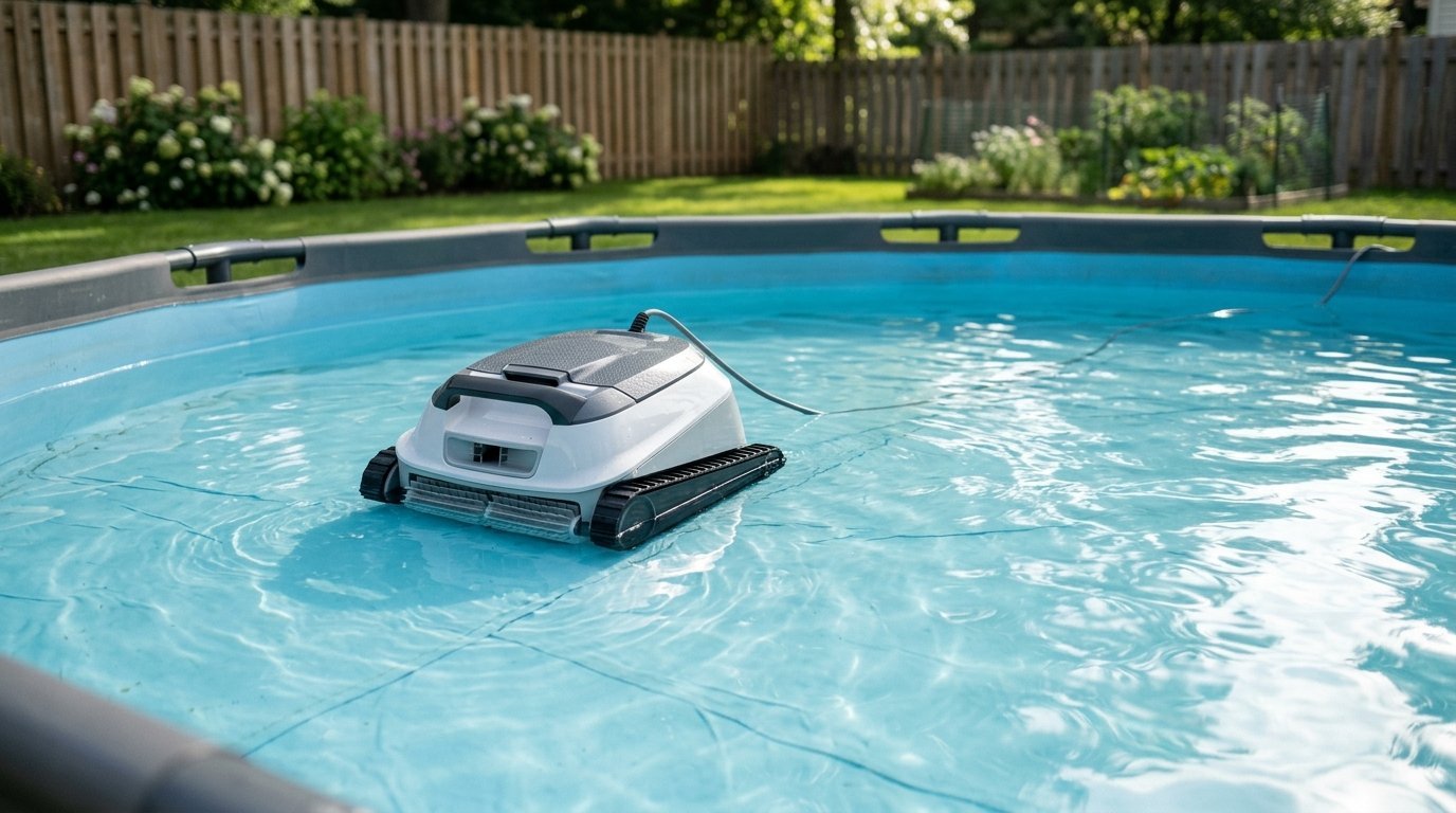 AI-generated photo-style image of a robotic pool cleaner on the floor of a round above-ground pool with a vinyl liner