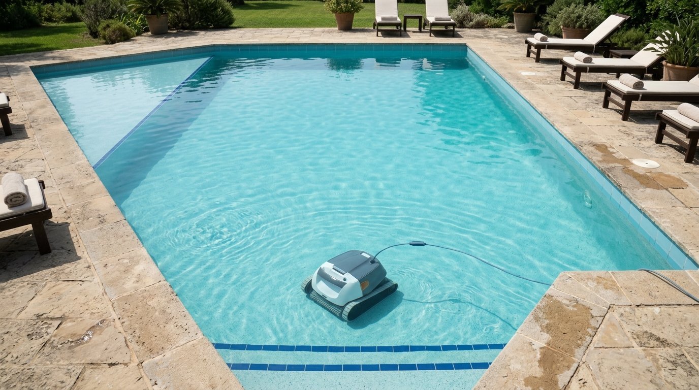 AI-generated photo-style image of a robotic pool cleaner working in a large in-ground pool seen from above