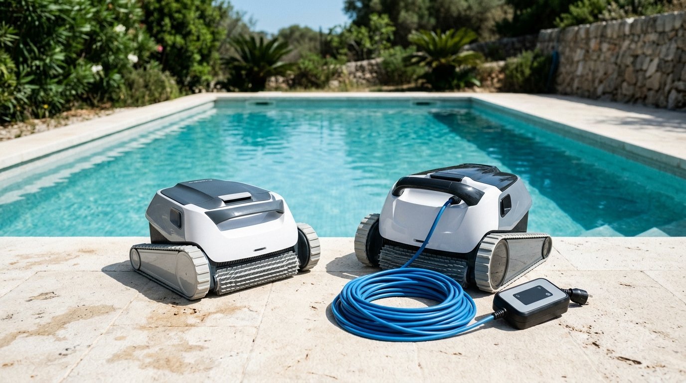 AI-generated photo-style image of a cordless pool robot and a corded pool robot on a sunny pool deck