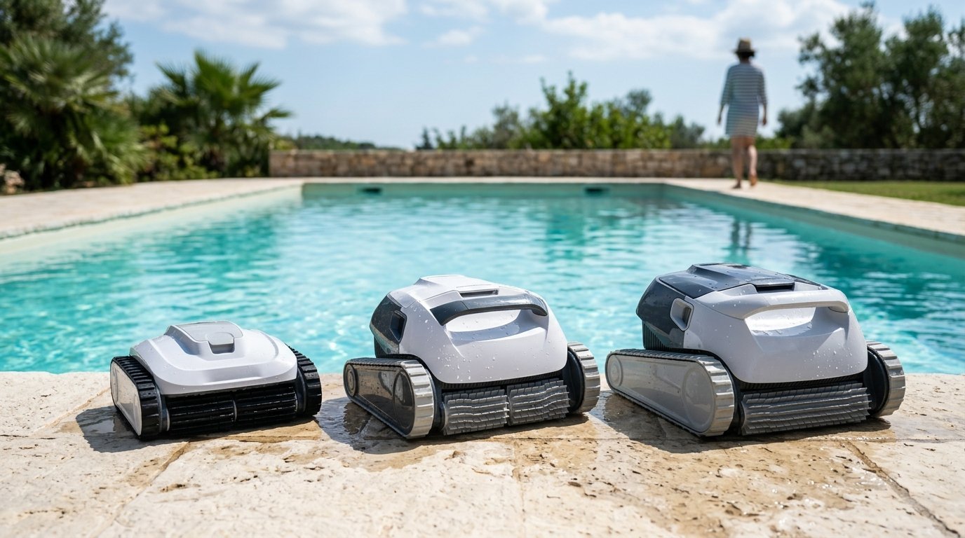 AI-generated photo-style image of three different robotic pool cleaners lined up beside a pool
