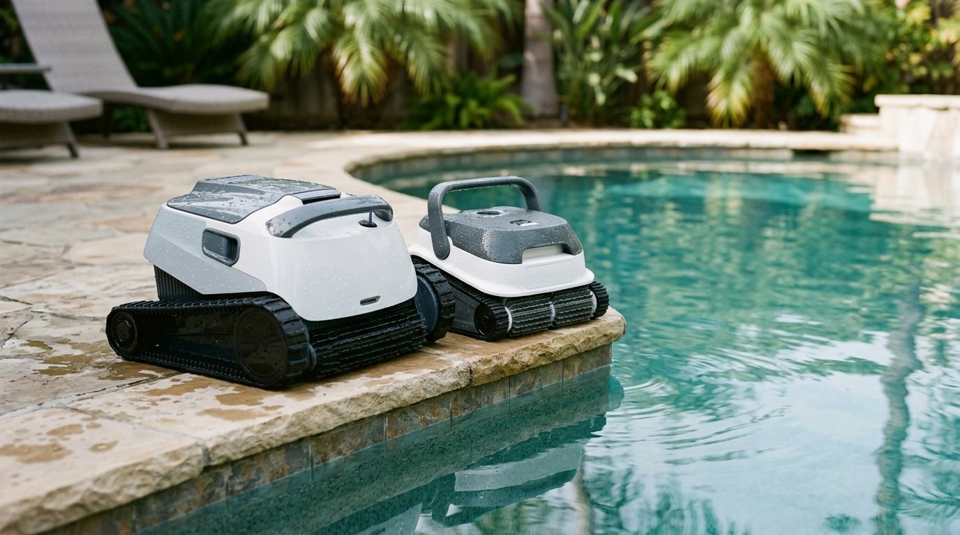 AI-generated photo-style image of two cordless pool robots at the edge of a backyard pool