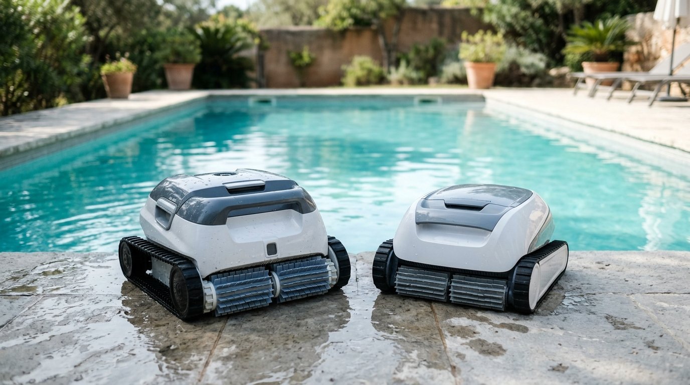 AI-generated photo-style image of two unbranded robotic pool cleaners side by side at the edge of a pool